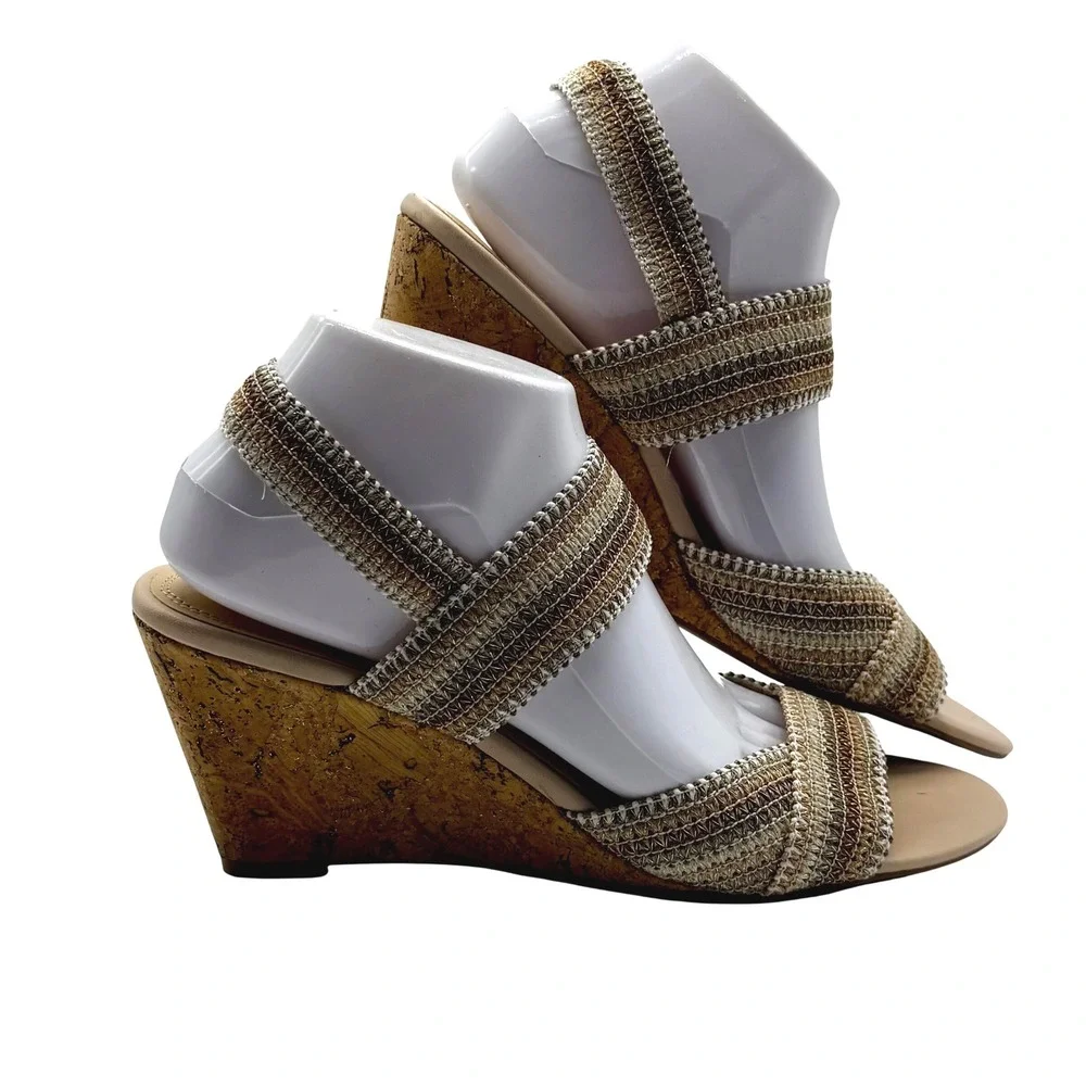 Coach and Four Wedge Sandals Women 10M‎ Gold Silver Bronze Metallic Cork Boho